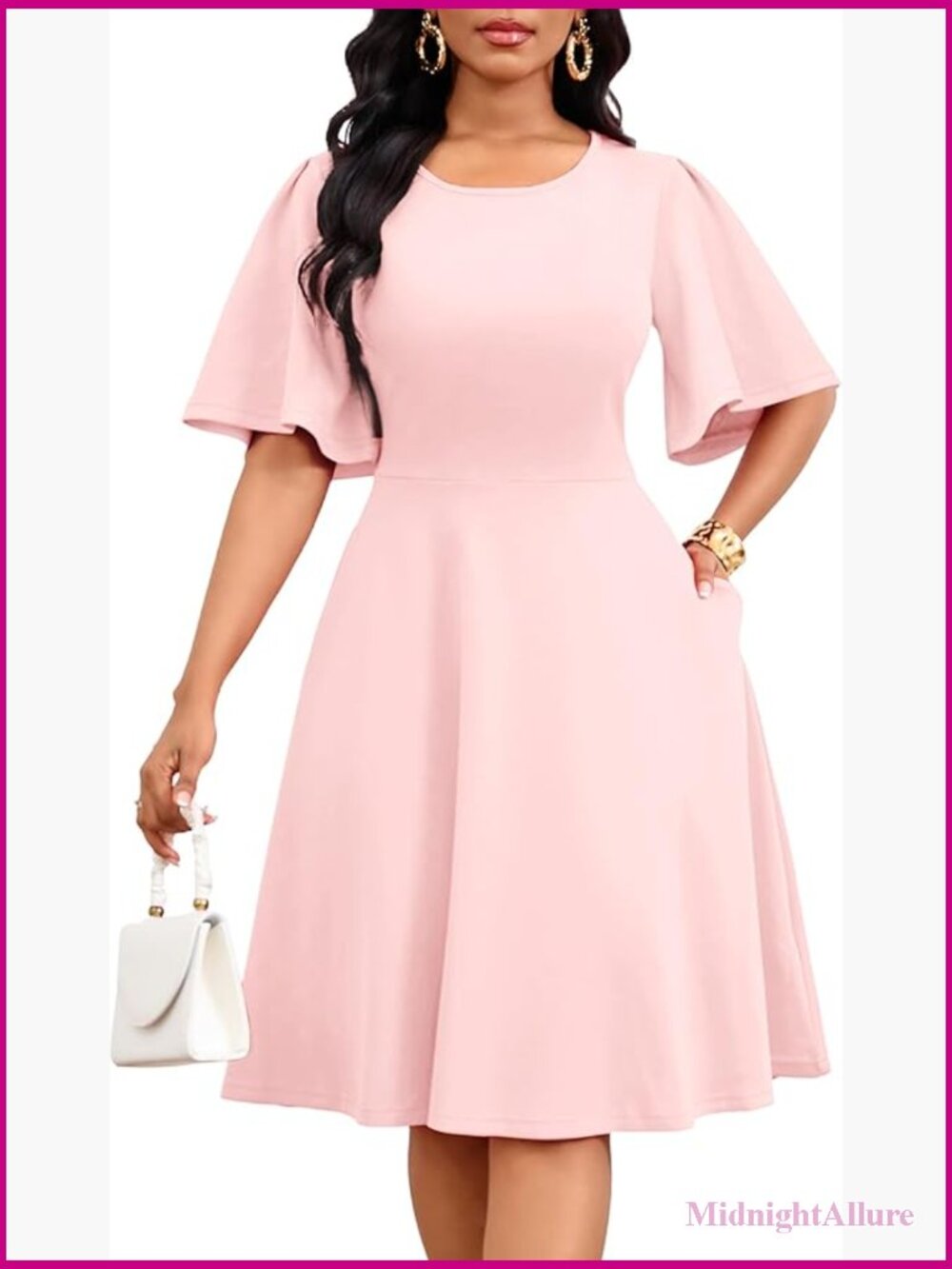 Womens Wedding Guest A-Line Ruffle Flared Sleeve Midi Dress with Pockets